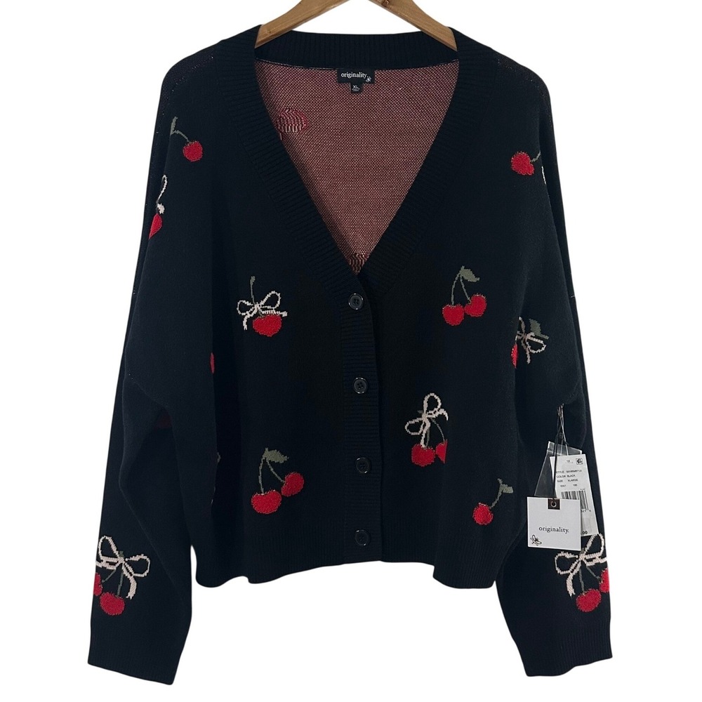 Originality. Cherry Bow Intarsia V-Neck Cardigan Sweater Black XL NWT